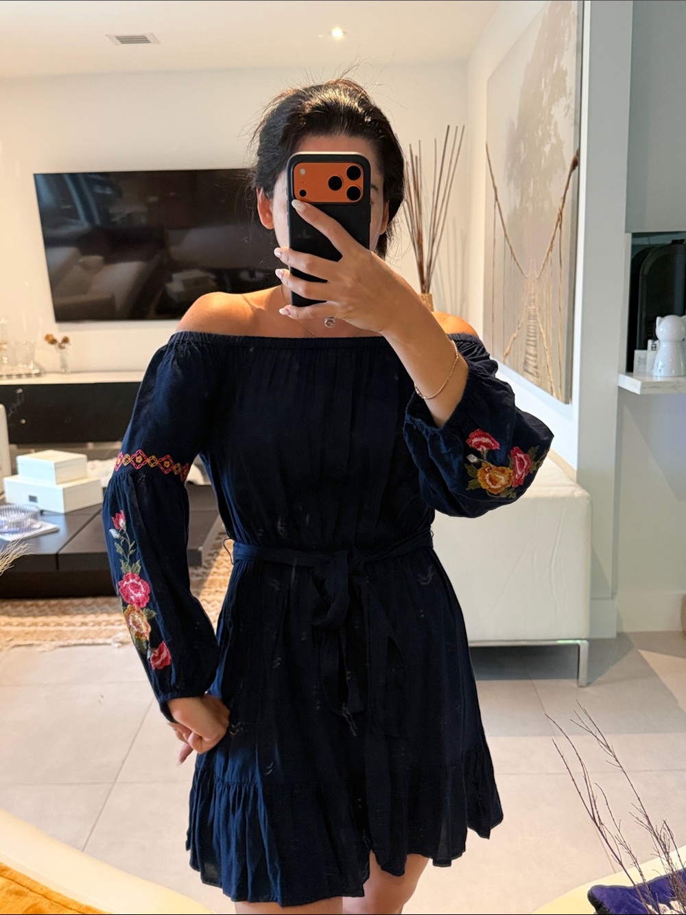 feathers Navy Off-Shoulder Embroidered Long Sleeve Dress
